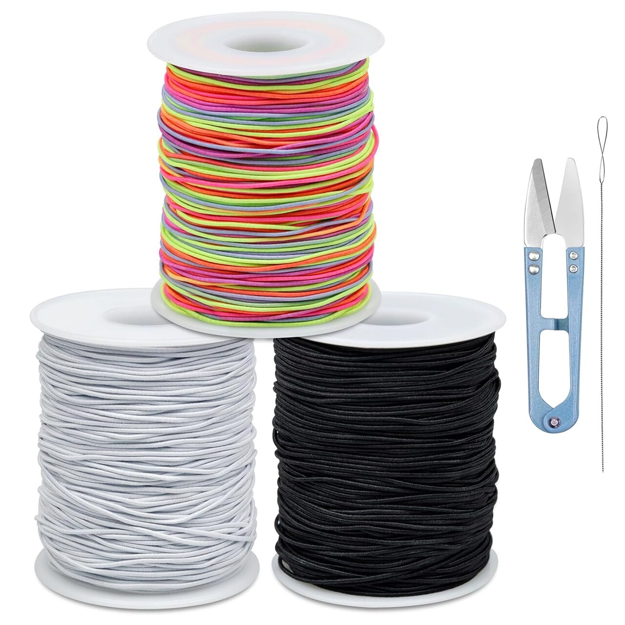 Black White Colorful Elastic Cord,1mm,1.2mm,1.5mm 3 Rolls Elastic Stretchy String for Bracelets, Necklace, Jewelry Making and Crafts with Beading Needle and Scissors